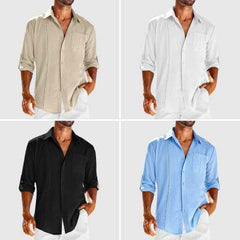 Men's Casual Long Sleeve Polo Shirt – Solid Color Button Design with Pocket - YanaChi Store