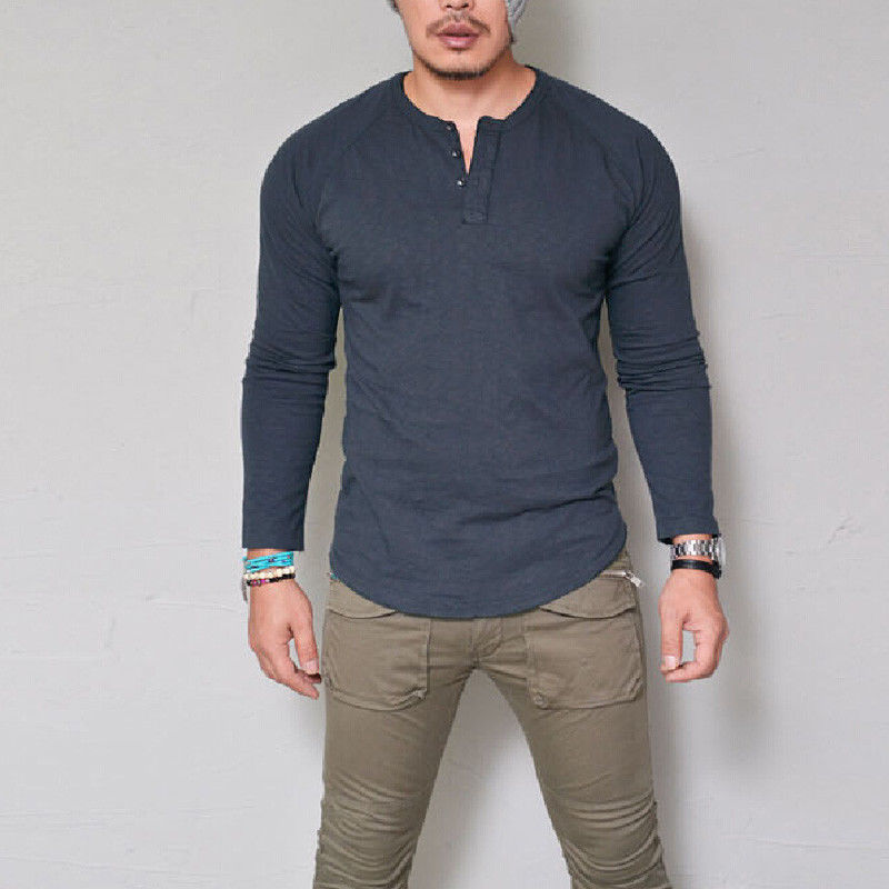 Autumn and winter round neck solid color button long-sleeved t-shirt men's t-shirt - YanaChi Store