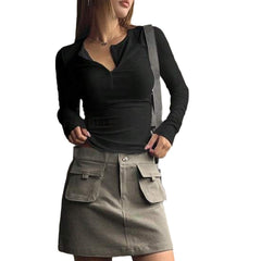 Women's Long Sleeve Breasted V-neck Slim-fit Crop-top - YanaChi Store