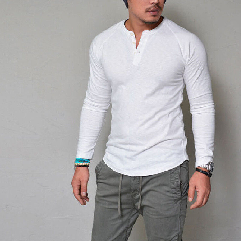 Autumn and winter round neck solid color button long-sleeved t-shirt men's t-shirt - YanaChi Store