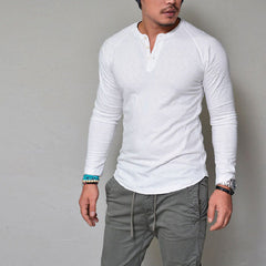 Autumn and winter round neck solid color button long-sleeved t-shirt men's t-shirt - YanaChi Store