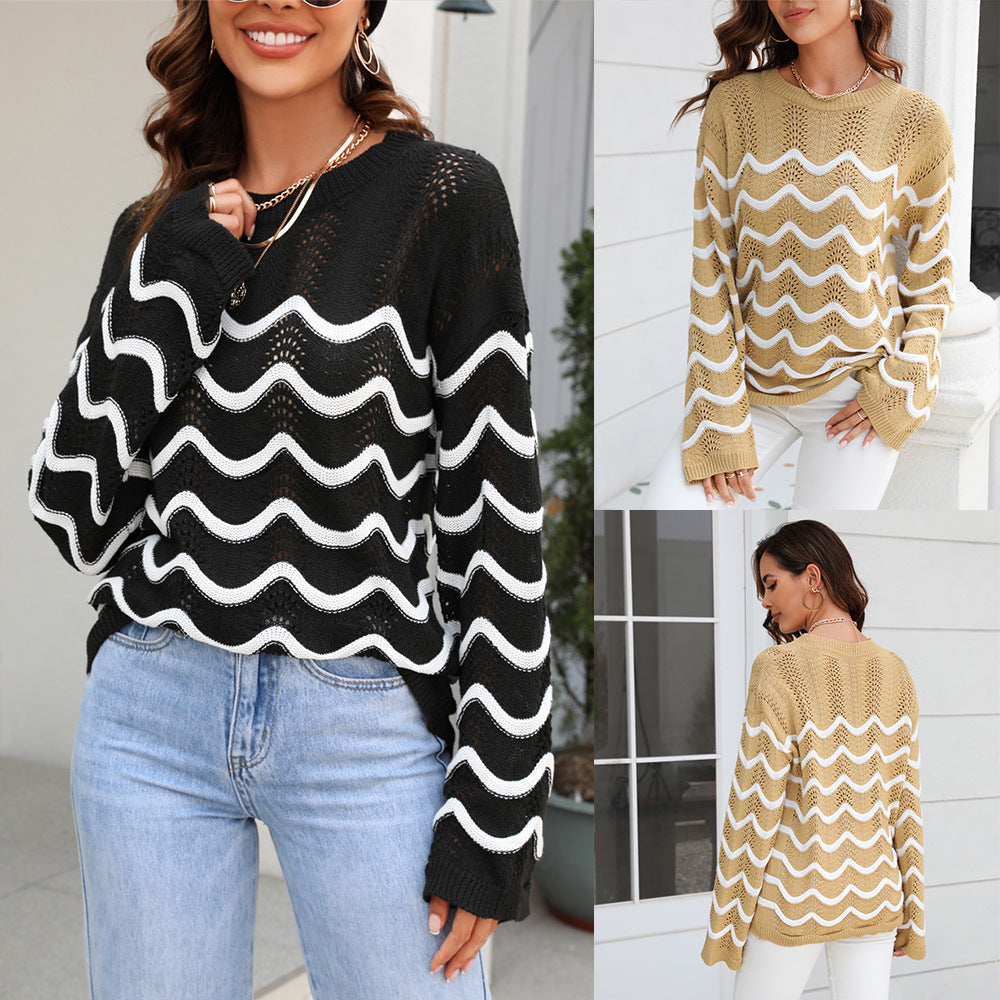 Women's Long Sleeve Knitwear – Loose Fit Pullover Sweater with Stitching Design - YanaChi Store