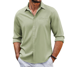 Men's Casual Long Sleeve Polo Shirt – Solid Color Button Design with Pocket - YanaChi Store