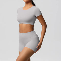 Women's 2-Piece Yoga Set: Short Sleeve Gym Top & High-Waist Shorts for Fitness