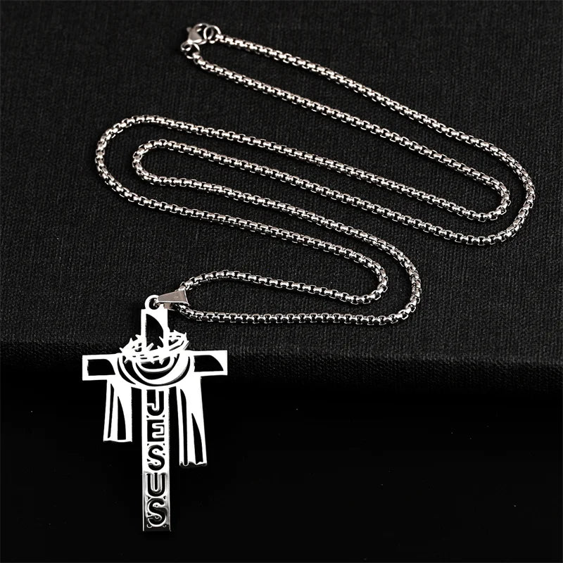 Stainless Steel Thorn Jesus Cross Necklace – Christian Pendant Jewelry with 70cm Chain - YanaChi Store