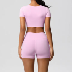 Women's 2-Piece Yoga Set: Short Sleeve Gym Top & High-Waist Shorts for Fitness