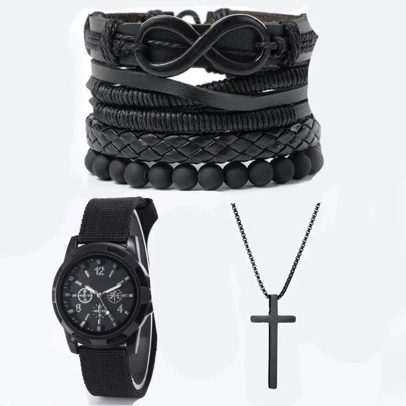 6-Piece Men's Black Jewelry Set – Quartz Watch, Bracelets, & Cross Necklace - YanaChi Store