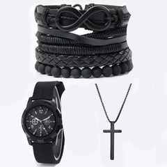 6-Piece Men's Black Jewelry Set – Quartz Watch, Bracelets, & Cross Necklace - YanaChi Store