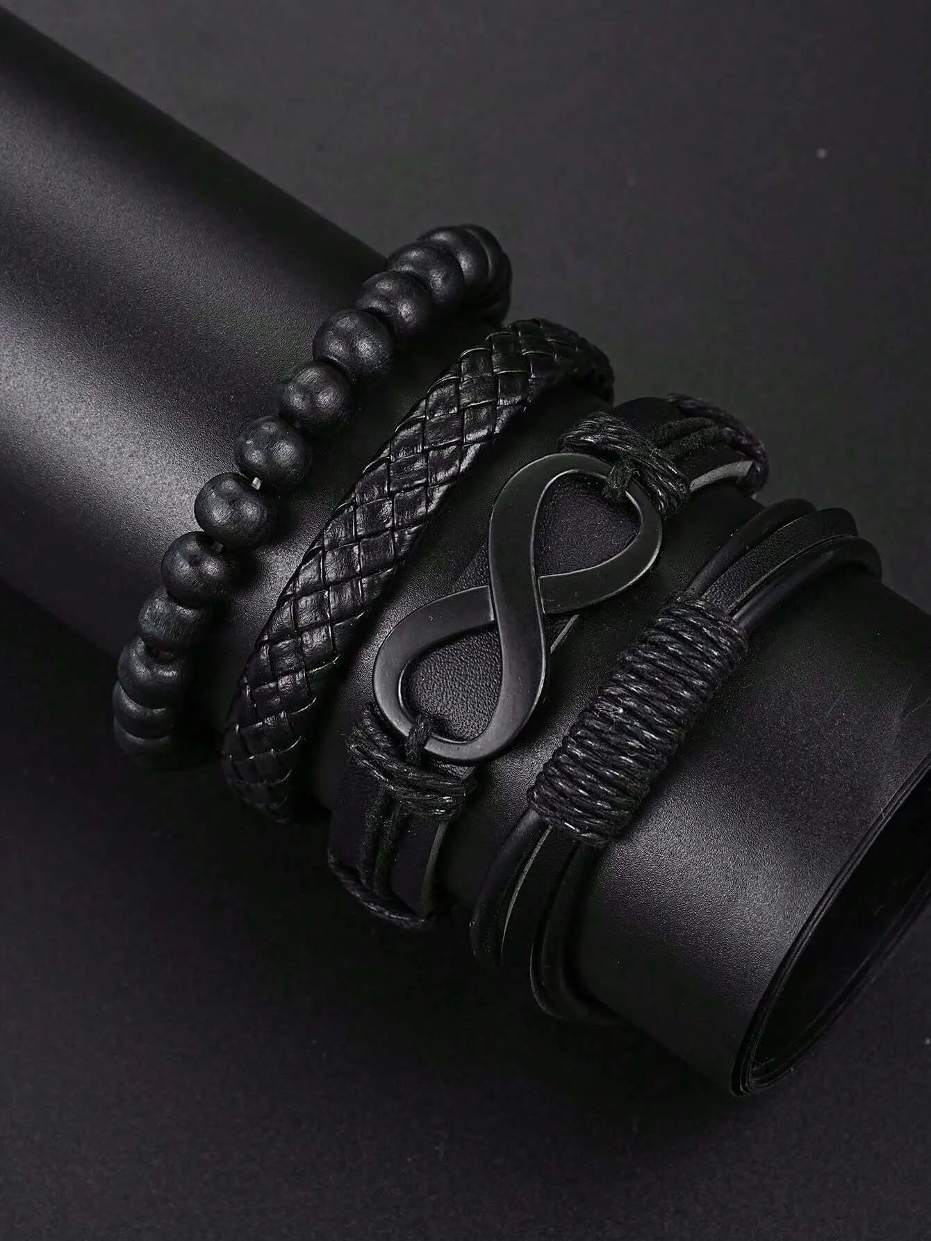 6-Piece Men's Black Jewelry Set – Quartz Watch, Bracelets, & Cross Necklace - YanaChi Store