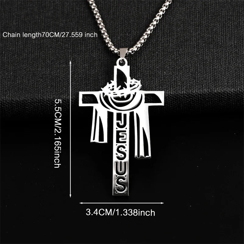 Stainless Steel Thorn Jesus Cross Necklace – Christian Pendant Jewelry with 70cm Chain - YanaChi Store