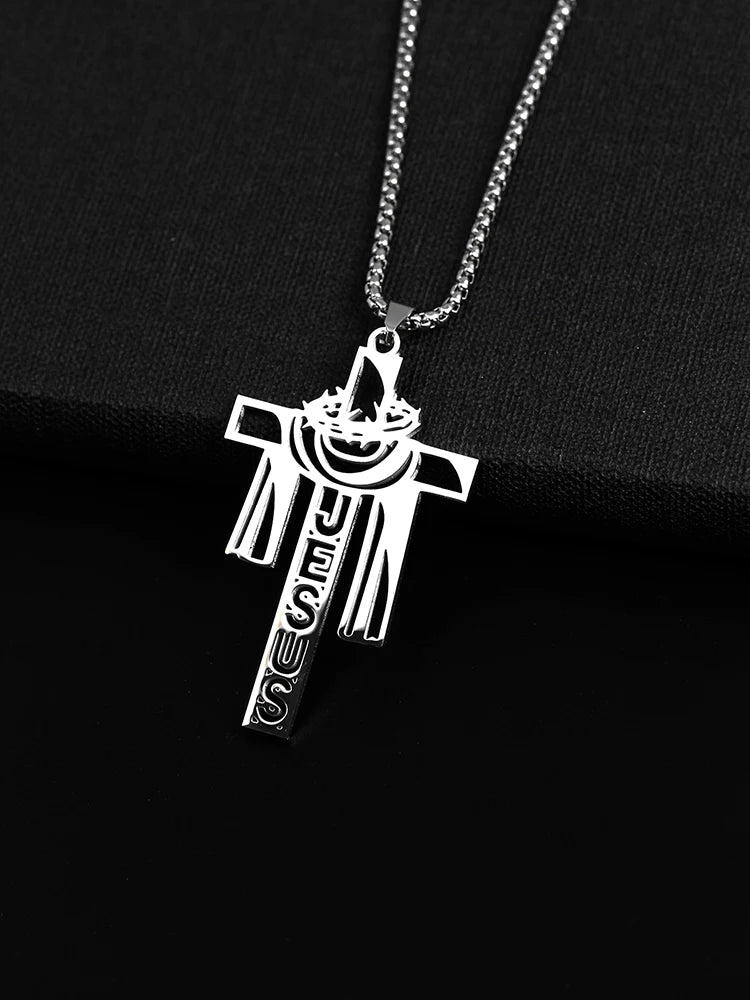 Stainless Steel Thorn Jesus Cross Necklace – Christian Pendant Jewelry with 70cm Chain - YanaChi Store