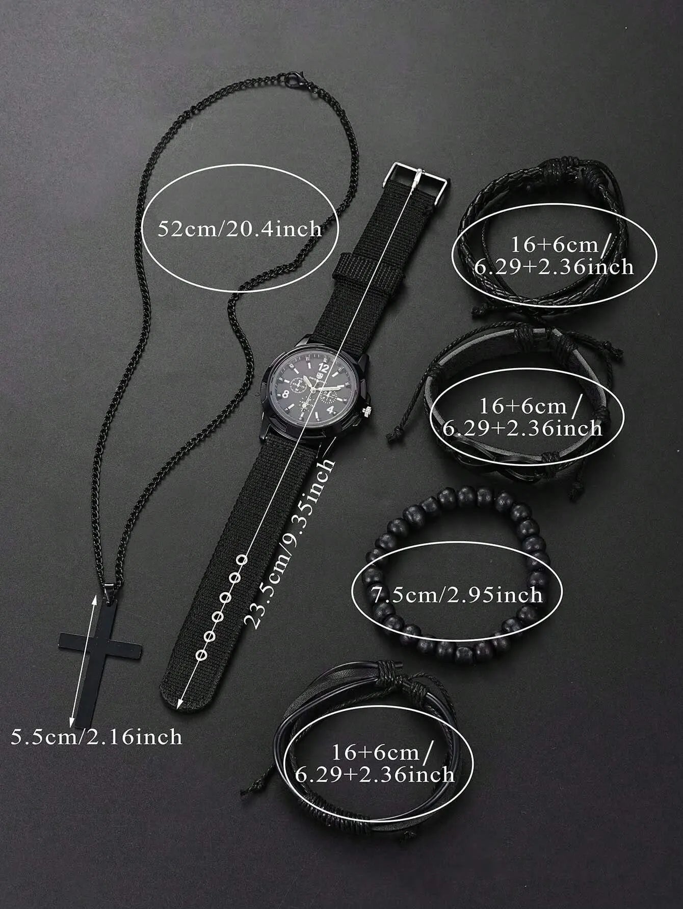6-Piece Men's Black Jewelry Set – Quartz Watch, Bracelets, & Cross Necklace - YanaChi Store