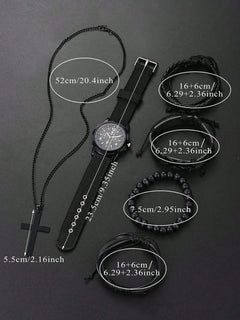 6-Piece Men's Black Jewelry Set – Quartz Watch, Bracelets, & Cross Necklace - YanaChi Store