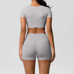 Women's 2-Piece Yoga Set: Short Sleeve Gym Top & High-Waist Shorts for Fitness