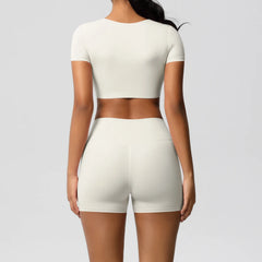 Women's 2-Piece Yoga Set: Short Sleeve Gym Top & High-Waist Shorts for Fitness