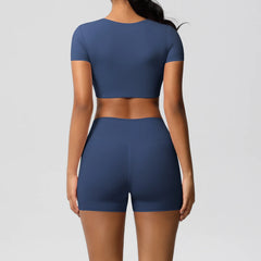 Women's 2-Piece Yoga Set: Short Sleeve Gym Top & High-Waist Shorts for Fitness