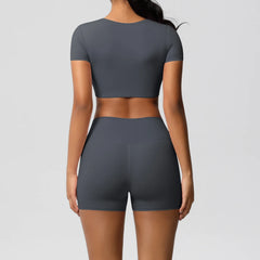 Women's 2-Piece Yoga Set: Short Sleeve Gym Top & High-Waist Shorts for Fitness
