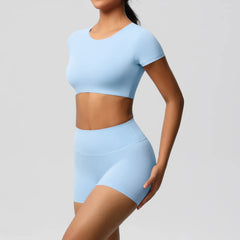 Women's 2-Piece Yoga Set: Short Sleeve Gym Top & High-Waist Shorts for Fitness