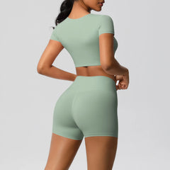 Women's 2-Piece Yoga Set: Short Sleeve Gym Top & High-Waist Shorts for Fitness