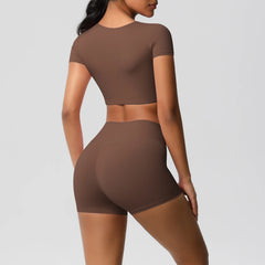 Women's 2-Piece Yoga Set: Short Sleeve Gym Top & High-Waist Shorts for Fitness