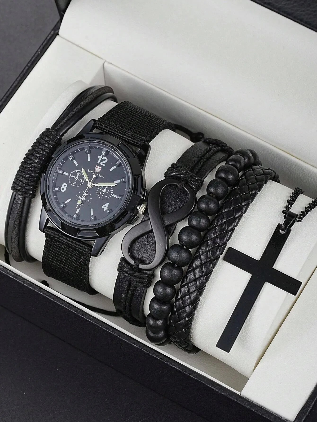 6-Piece Men's Black Jewelry Set – Quartz Watch, Bracelets, & Cross Necklace - YanaChi Store