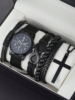 6-Piece Men's Black Jewelry Set – Quartz Watch, Bracelets, & Cross Necklace - YanaChi Store