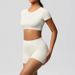 Women's 2-Piece Yoga Set: Short Sleeve Gym Top & High-Waist Shorts for Fitness