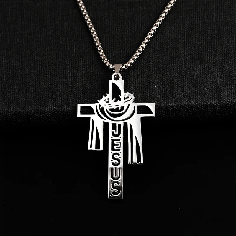 Stainless Steel Thorn Jesus Cross Necklace – Christian Pendant Jewelry with 70cm Chain - YanaChi Store