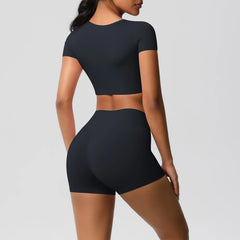 Women's 2-Piece Yoga Set: Short Sleeve Gym Top & High-Waist Shorts for Fitness