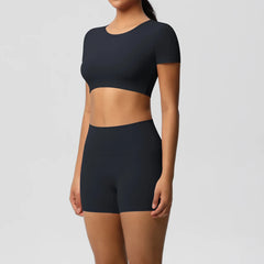 Women's 2-Piece Yoga Set: Short Sleeve Gym Top & High-Waist Shorts for Fitness