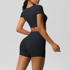 Women's 2-Piece Yoga Set: Short Sleeve Gym Top & High-Waist Shorts for Fitness