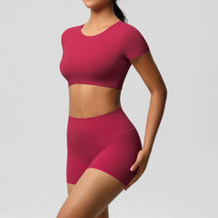 Women's 2-Piece Yoga Set: Short Sleeve Gym Top & High-Waist Shorts for Fitness
