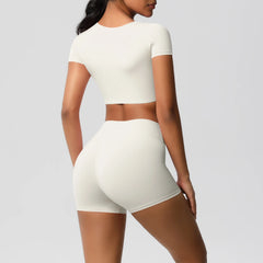 Women's 2-Piece Yoga Set: Short Sleeve Gym Top & High-Waist Shorts for Fitness