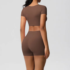 Women's 2-Piece Yoga Set: Short Sleeve Gym Top & High-Waist Shorts for Fitness