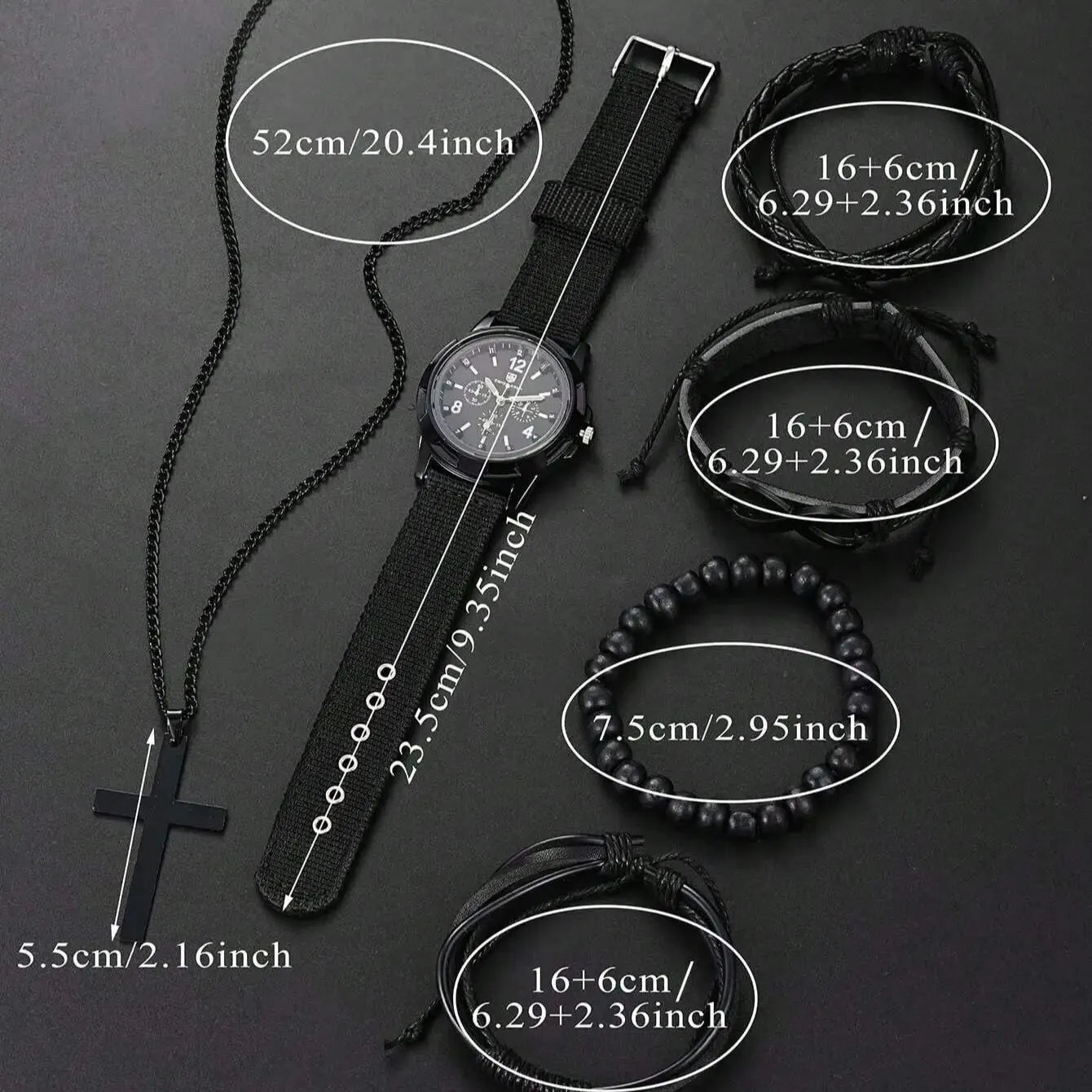6-Piece Men's Black Jewelry Set – Quartz Watch, Bracelets, & Cross Necklace - YanaChi Store