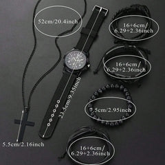 6-Piece Men's Black Jewelry Set – Quartz Watch, Bracelets, & Cross Necklace - YanaChi Store