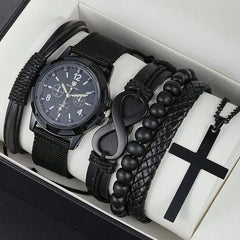 6-Piece Men's Black Jewelry Set – Quartz Watch, Bracelets, & Cross Necklace - YanaChi Store