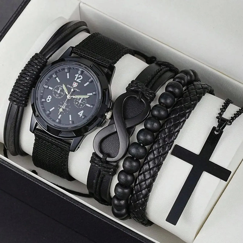 6-Piece Men's Black Jewelry Set – Quartz Watch, Bracelets, & Cross Necklace - YanaChi Store