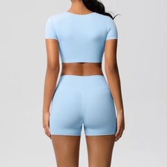 Women's 2-Piece Yoga Set: Short Sleeve Gym Top & High-Waist Shorts for Fitness