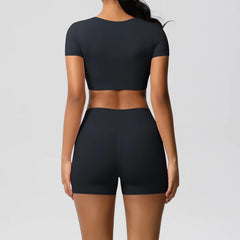 Women's 2-Piece Yoga Set: Short Sleeve Gym Top & High-Waist Shorts for Fitness