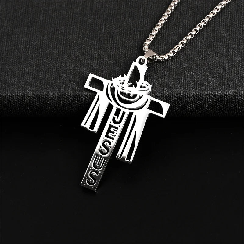 Stainless Steel Thorn Jesus Cross Necklace – Christian Pendant Jewelry with 70cm Chain - YanaChi Store