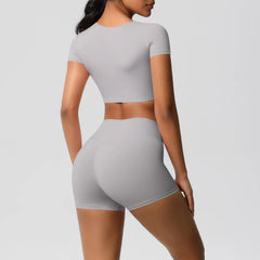 Women's 2-Piece Yoga Set: Short Sleeve Gym Top & High-Waist Shorts for Fitness