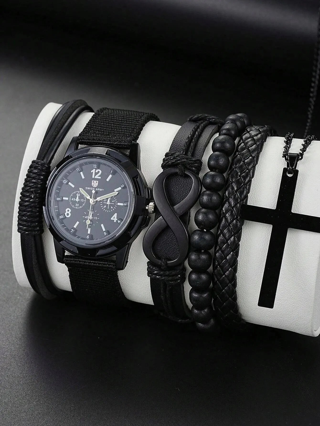 6-Piece Men's Black Jewelry Set – Quartz Watch, Bracelets, & Cross Necklace - YanaChi Store