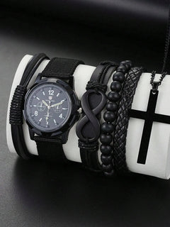 6-Piece Men's Black Jewelry Set – Quartz Watch, Bracelets, & Cross Necklace - YanaChi Store