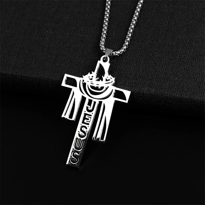 Stainless Steel Thorn Jesus Cross Necklace – Christian Pendant Jewelry with 70cm Chain - YanaChi Store