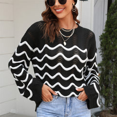 Women's Long Sleeve Knitwear – Loose Fit Pullover Sweater with Stitching Design - YanaChi Store