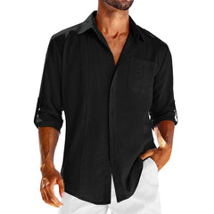 Men's Casual Long Sleeve Polo Shirt – Solid Color Button Design with Pocket - YanaChi Store