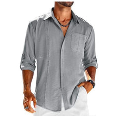 Men's Casual Long Sleeve Polo Shirt – Solid Color Button Design with Pocket - YanaChi Store