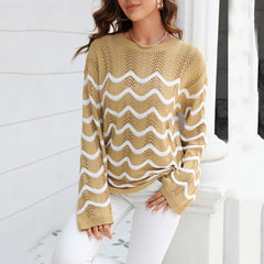Women's Long Sleeve Knitwear – Loose Fit Pullover Sweater with Stitching Design - YanaChi Store