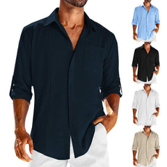 Men's Casual Long Sleeve Polo Shirt – Solid Color Button Design with Pocket - YanaChi Store